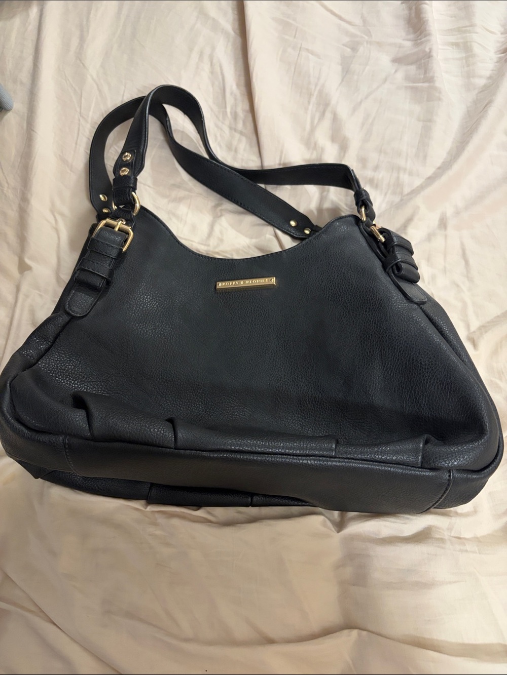 Poppy & Peonies Black Leather Shoulder Bag with Gold Hardware